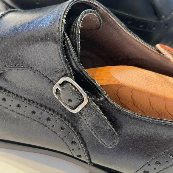 Banana Republic Mens 10.5 Black Leather Cap Toe Strap Oxford Business Dress Shoe - Picture 6 of 10